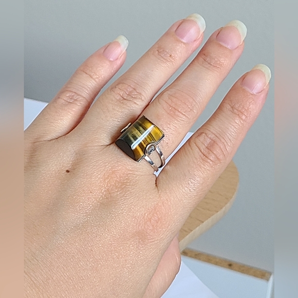 Vintage Boho Chunky Sterling Silver Tigers Eye Cabochon Ring 8 - Picture 5 of 12